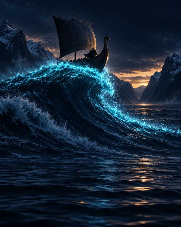 A longship riding the crest of a great wave of cyan light in a fjord at night.