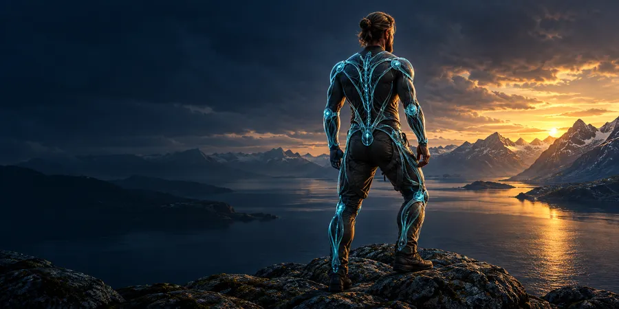 En håndværker set bagfra på en klippe ved fjorden, omgivet af et eksoskelet af cyan runelinjer.